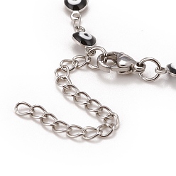 Noir Coeur en émail avec bracelet chaînes à maillons mauvais œil, 304 bijoux en acier inoxydable pour femmes, couleur inox, noir, 6-3/4 pouce (17.1 cm)