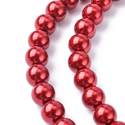 Red Eco-Friendly Dyed Glass Pearl Round Beads Strands, Grade A, Cotton Cord Threaded, Red, 10mm, Hole: 0.7~1.1mm, about 42pcs/strand, 15 inch