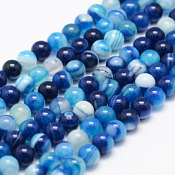 Dodger Blue Natural Striped Agate/Banded Agate Bead Strands, Round, Grade A, Dyed, Dodger Blue, 6mm, Hole: 1mm, about 62~63pcs/strand, 14.5 inch