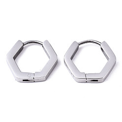 Stainless Steel Color 304 Stainless Steel Huggie Hoop Earrings, Hexagon, Stainless Steel Color, 13.5x15x2.5mm, Pin: 0.8mm