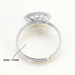 Argent Composants d'anneau en laiton, des bases annulaires perforés, réglable, sans nickel, couleur argent plaqué, 17 mm, plateau: 12 mm
