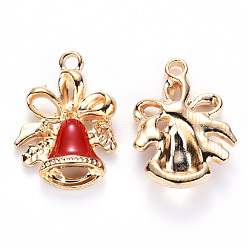 Red Alloy Enamel Pendants, for Christmas, Jingle Bell, Light Gold, Red, 21x15.5x5mm, Hole: 2mm