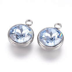 Bleu Clair K 9 pendentifs en strass de verre, mars charmes de naissance, avec 304 accessoires en acier inoxydable, plat rond, bleu clair, 18x14x9mm, Trou: 2.5mm