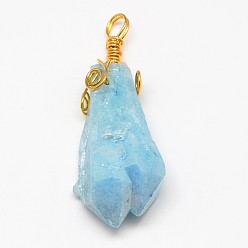 Sky Blue Electroplate Golden Wire Wrapped Gemstone Natural Rough Raw Crystal Pendants, Nuggets, Sky Blue, 40~80x14~30mm, Hole: 3~4mm