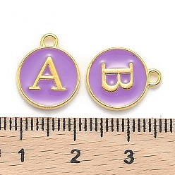 Medium Purple Initial Letter A~Z Alphabet Enamel Charms, Flat Round Disc Double Sided Charms, Golden Plated Enamelled Sequins Alloy Charms, Medium Purple, 14x12x2mm, Hole: 1.5mm, 26pcs/set