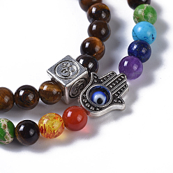 Tiger Eye Two Loops Natural Tiger Eye & Natural/Synthetic Mixed Stone Beads Warp Stretch Bracelets, with Evil Eye Lampwork Round Beads and Tibetan Style Alloy Beads, 13-3/8 inch(34cm)