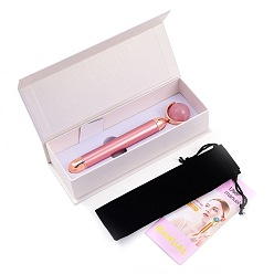 Pink Natural Rose Quartz Massage Tool Skin Care, Facial Rollers, with Plastic Findings, Pink, 156x30~31x16~26mm
