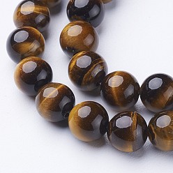 Tiger Eye Gemstone Beads Strands, Grade A Tiger Eye, Round, about 8mm in diameter, hole: 1mm, about 46pcs/strand, 15.5 inch