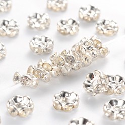 Silver Brass Rhinestone Spacer Beads, Grade B, Clear, Silver Color Plated, Size: about 6mm in diameter, 3mm thick, hole: 1mm
