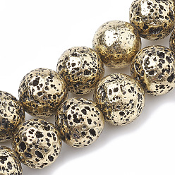 Light Gold Plated Electroplated Natural Lava Rock Beads Strands, Round, Light Gold Plated, 8~9mm, Hole: 1mm, about 46pcs/strand, 14.76 inch