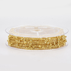 Золотой Железные кабельные цепи с латунным покрытием, спутниковые сети, С латунными круглыми бусами, пайки, с катушкой, Плоско-овальные, золотые, 2.2x1.7x0.7 мм, около 39.37 футов (12 м) / рулон