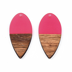 Hot Pink Transparent Resin & Walnut Wood Pendants, Teardrop Shape Charm, Hot Pink, 38x18x3mm, Hole: 2mm