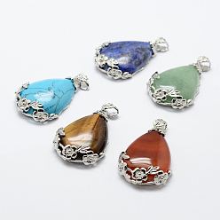 Mixed Stone Natural & Synthetic Mixed Stone Pendants, with Brass Findings, teardrop, Platinum, 40.5x27x8.5mm, Hole: 4x6.5mm