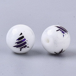 Purple Plated Christmas Opaque Glass Beads, Round with Electroplate Christmas Tree Pattern, Purple Plated, 10mm, Hole: 1.2mm