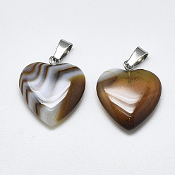 Coffee Natural Banded Agate/Striped Agate Pendants, Dyed, with Stainless Steel Snap On Bails, Heart, Stainless Steel Color, Coffee, 22~24x20~21x5~7mm, Hole: 3~4x7~8.5mm