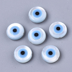Deep Sky Blue Natural White Shell Mother of Pearl Shell Beads, with Synthetic Turquoise, Evil Eye, Deep Sky Blue, 8x3mm, Hole: 0.8mm