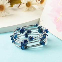 Lapis Lazuli 5-Loop Natural Lapis Lazuli Chip Beaded Wrap Bracelets for Women, Steel Memory Wire Bracelet, Platinum, Inner Diameter: 2-1/8 inch(5.45cm)