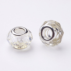 Clear Glass European Beads, Large Hole Beads, Faceted, Clear, with Iron Core in Silver Color Plated, Clear, 10x13mm, Hole: 5mm