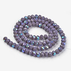 Medium Purple Electroplate Opaque Solid Color Glass Beads Strands, Half Rainbow Plated, Faceted, Rondelle, Medium Purple, 4x3mm, Hole: 0.4mm, about 123~127pcs/strand, 16.5~16.9 inch(42~43cm)