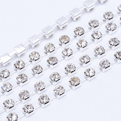 Crystal Brass Rhinestone Strass Chains, Rhinestone Cup Chains, Silver Color Plated, Crystal, 3mm, about 10yards/bundle