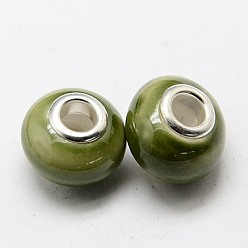 Olive Drab Handmade Porcelain European Beads, with Silver Color Brass Double Cores, Rondelle, Olive Drab, 15x10~11mm, Hole: 5mm
