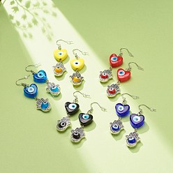 Mixed Color Lampwork Evil Eye with Hamsa Hand Dangle Earrings, Alloy Jewelry for Women, Mixed Color, 61mm, Pin: 0.7mm