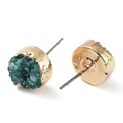 Turquoise Natural Druzy Agate Stud Earrings, with Golden Plated Brass Findings, Flat Round, Turquoise, 7~8x5~8mm, Pin: 0.8mm
