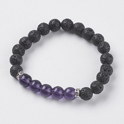 Amethyst Natural Lava Rock and Natural Amethyst Beads Stretch Bracelets, with Alloy Finding, 2 inch(52mm)