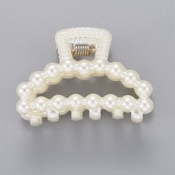 Blanc Plastique de pinces à cheveux griffes, avec des perles d'imitation en plastique ABS et des apprêts en fer, blanc, 28x39.5x26.5mm