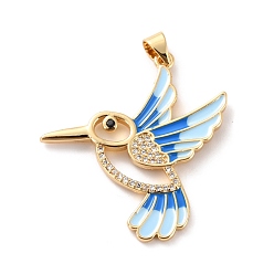 Light Sky Blue Brass Micro Pave Clear Cubic Zirconia Pendants, with Enamel, Long-Lasting Plated, Real 18K Gold Plated, Bird, Light Sky Blue, 33.5x31x2mm, Hole: 3x4mm