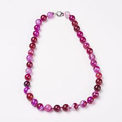 Hot Pink Natural Dyed Agate Beads Necklaces, with Brass Lobster Claw Clasps, Round, Hot Pink, Beads: 6mm, 18.9 inch(48cm)
