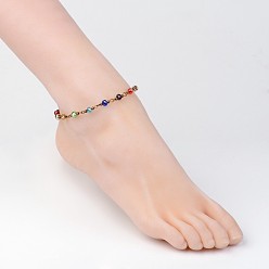 Colorful Glass Beads Anklets, Faceted, with Metal Findings, Antique Bronze, Colorful, 250mm(9-7/8 inch)