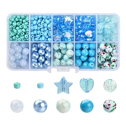 Blue DIY Beads Jewelry Making Finding Kit, Including Imitation Jade & Crackle & Star & Heart & Round Acrylic & Glass Beads, Blue, 4~10x3~9mm, Hole: 1~2mm, 709Pcs/box