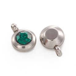 Emerald Trendy Original Color 304 Stainless Steel Grade A Rhinestone Flat Round Charm Pendants, May Birthstone Charms, Faceted, Stainless Steel Color, Emerald, 9x6.5x4mm, Hole: 2mm