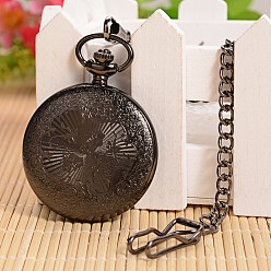 Bronze Ouvrable plat alliage ronde montre de poche pendentif, montres à quartz, avec une chaîne en fer, gris anthracite, 355 mm, tête de montre: 59x47x14 mm
