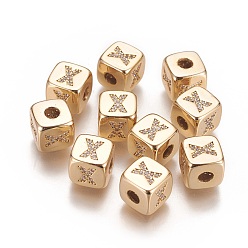 Letter X Brass Micro Pave Cubic Zirconia Beads, Horizontal Hole, Real 18K Gold Plated, Long-Lasting Plated, Cube with Letter, Clear, Letter.X, 9x9x9mm, Hole: 3.5mm