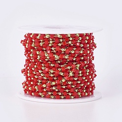 Red Handmade Glass Beaded Chains, Soldered, with Brass Findings, with Spool, Long-Lasting Plated, Golden, Cube, Red, 2.3~2.8x2.3~2.8x2.3~2.8mm, 2mm, about 32.8 Feet(10m)/roll