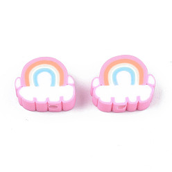 Pink Handmade Polymer Clay Beads, Rainbow & Cloud, Pink, 8.5~10.5x10~12.5x4~5mm, Hole: 1.8mm