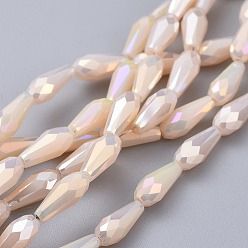 Bisque Electroplated Opaque Glass Beads Strands, Full Rainbow Plated, Faceted, Teardrop, Bisque, 9~10x4mm, Hole: 0.8mm, about 70~72pcs/strand, 25.98 inch~27.95 inch(66~71cm)