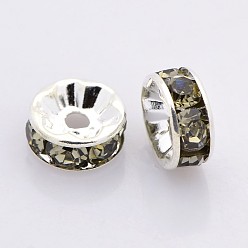 Black Diamond Rondelle Silver Brass Grade A Rhinestone Spacer Beads, Straight Flange, Black Diamond, 6x3mm, Hole: 1mm