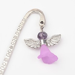Violet Tibetan Style Alloy Bookmarks/Hairpins, with Glass Beads, Acrylic Beads and Alloy Findings, Lovely Wedding Dress Angel Dangle, Violet, 84x13x1mm