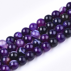 Purple Natural Striped Agate/Banded Agate Bead Strands, Dyed, Round, Purple, 8mm, Hole: 1mm, about 48pcs/strand, 15.15 inch