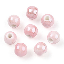 Pink Pearlized Handmade Porcelain Round Beads, Pink, 6mm, Hole: 1.5mm