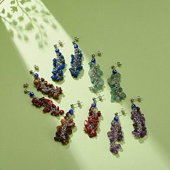 Mixed Stone Natural Gemstone Chips & Lampwork Evil Eye Cluster Dangle Stud Earrings, 304 Stainless Steel Long Drop Earrings for Women, 66mm, Pin: 0.8mm