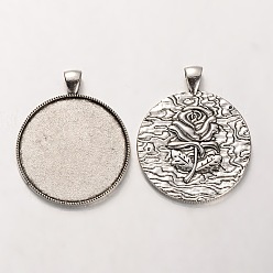 Antique Silver Tibetan Style Alloy Pendant Cabochon Settings, Cadmium Free & Lead Free, Flat Round with Rose Pattern, Antique Silver, 46x37x3mm, Hole: 5x7mm, Tray: 35mm, about 101pcs/kg