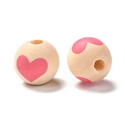 Hot Pink Printed Wood European Beads, Large Hole Beads, Round with Heart Pattern, Hot Pink, 16x15mm, Hole: 4mm
