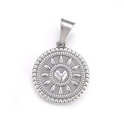 Stainless Steel Color 304 Stainless Steel Pendants, Flat Round with Heart, Stainless Steel Color, 28.5x25x2.5mm, Hole: 11x5mm