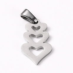 Stainless Steel Color 304 Stainless Steel Pendants, Heart with Heart, Stainless Steel Color, 18x11x1.5mm, Hole: 6x3mm