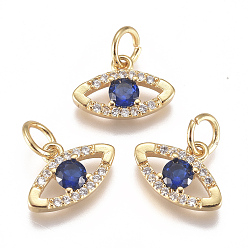Real 18K Gold Plated Brass Micro Pave Cubic Zirconia Charms, with Jump Ring, Long-Lasting Plated, Eye, Blue, Real 18K Gold Plated, 8x12x2mm, Hole: 3mm
