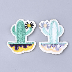 Turquoise Computerized Embroidery Cloth Iron On Patches, Costume Accessories, Appliques, Cactus, Turquoise, 52x42x1.5mm